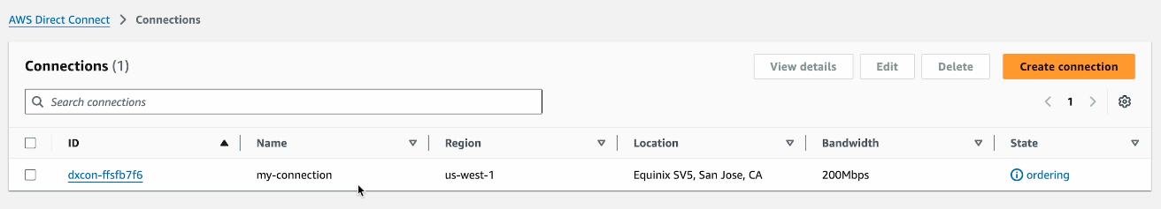 The Connections list on AWS, with a Connection appearing in the list. The connection's status is ordering.