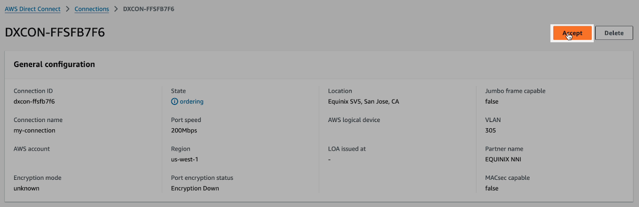 The details of the connection from the connection list. The details all match the information entered in the Equinix Fabric Console. The Accept button is highlighted.