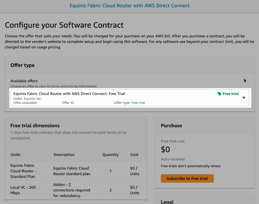 A page with "Equinix Fabric Cloud Router with AWS Direct Connect" and "Configure your Software Contract" across the top. The important part, a dropdown inside the Offer Type box, is highlighted. On the dropdown, there is a tag icon with the words "Free trial", and the Offer Type is listed as a "Free trial" in both the selection title and the actual offer type field.