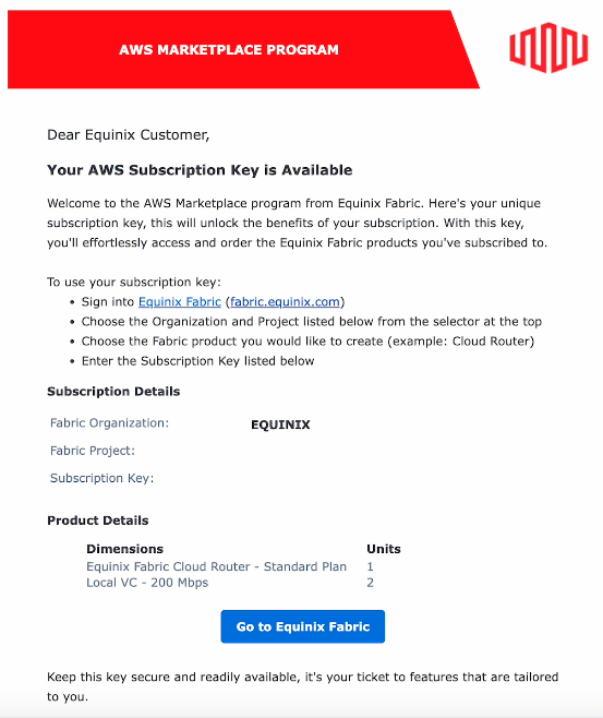 A screenshot of an email from Equinix regarding the AWS Marketplace program. The key pieces in the email are directions, your organization, your Fabric project number, your subscription key, and details on the product (the numbers are redacted here). The directions point you to sign into Equinix Fabric, open the organization listed, create an cloud router, and use the subscription key provided. The details are the same as in the AWS Marketplace offering for the free trial. There is also a button to go to the Equinix Fabric.