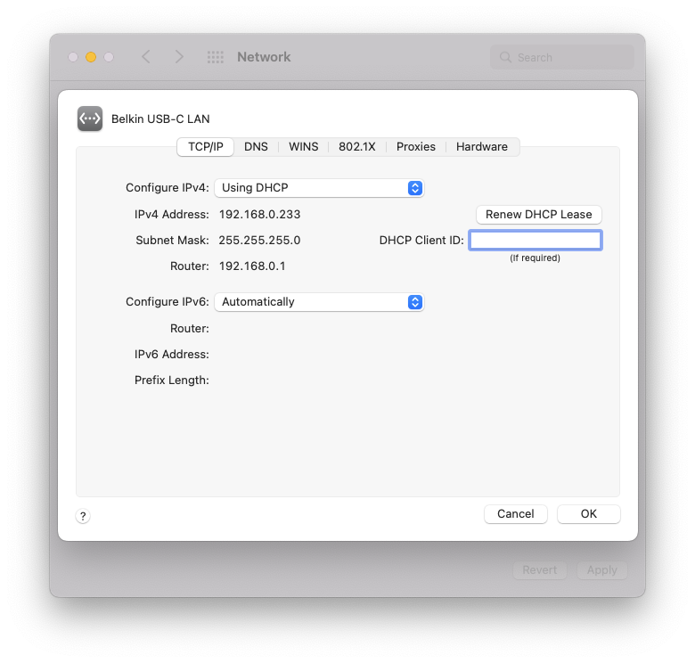 Example Network Panel in MacOS