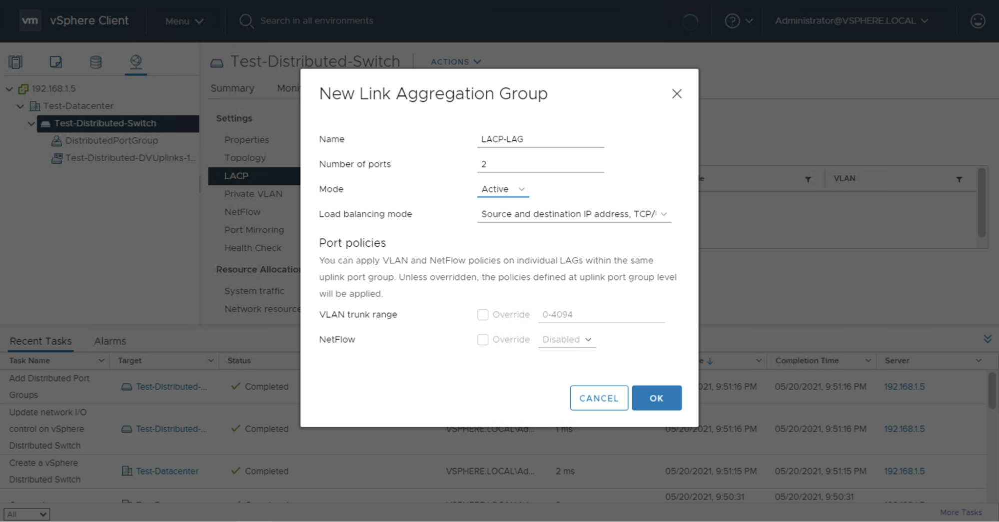 Creating a New LAG in vSphere