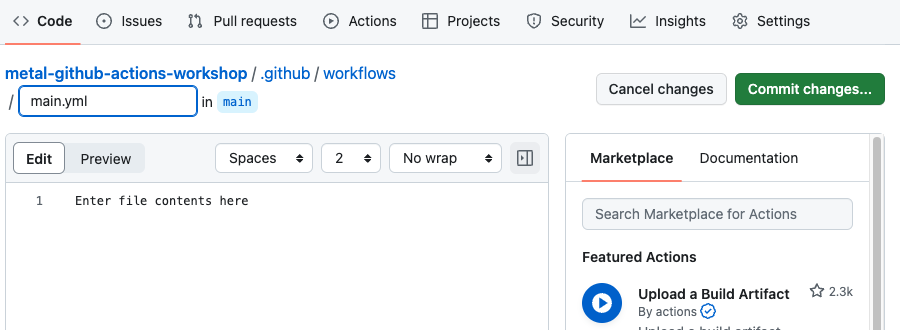 Form to create a new GitHub Actions workflow