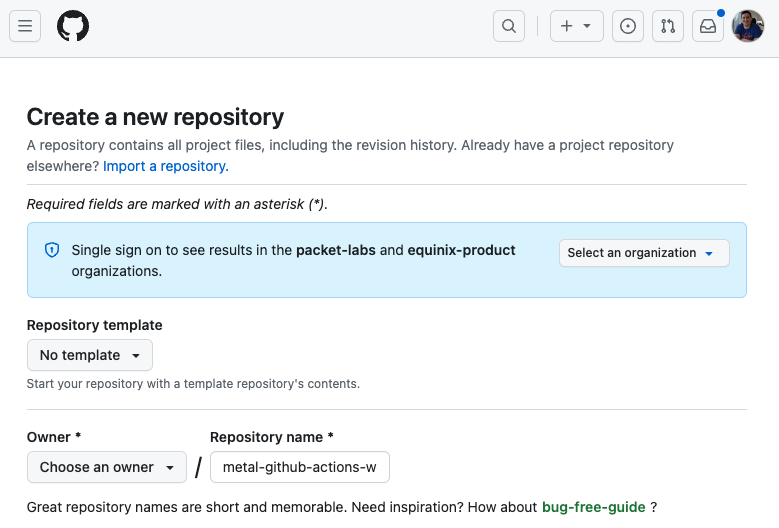 Form for creating a GitHub repository