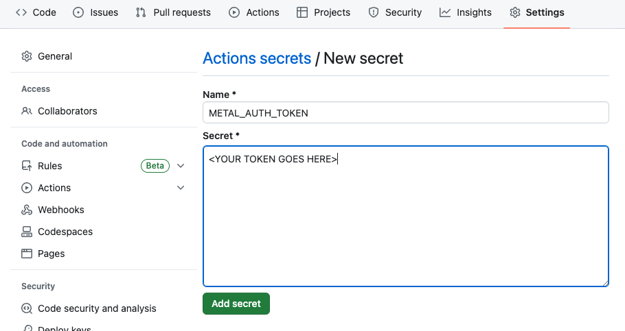 Form for creating a GitHub Actions secret