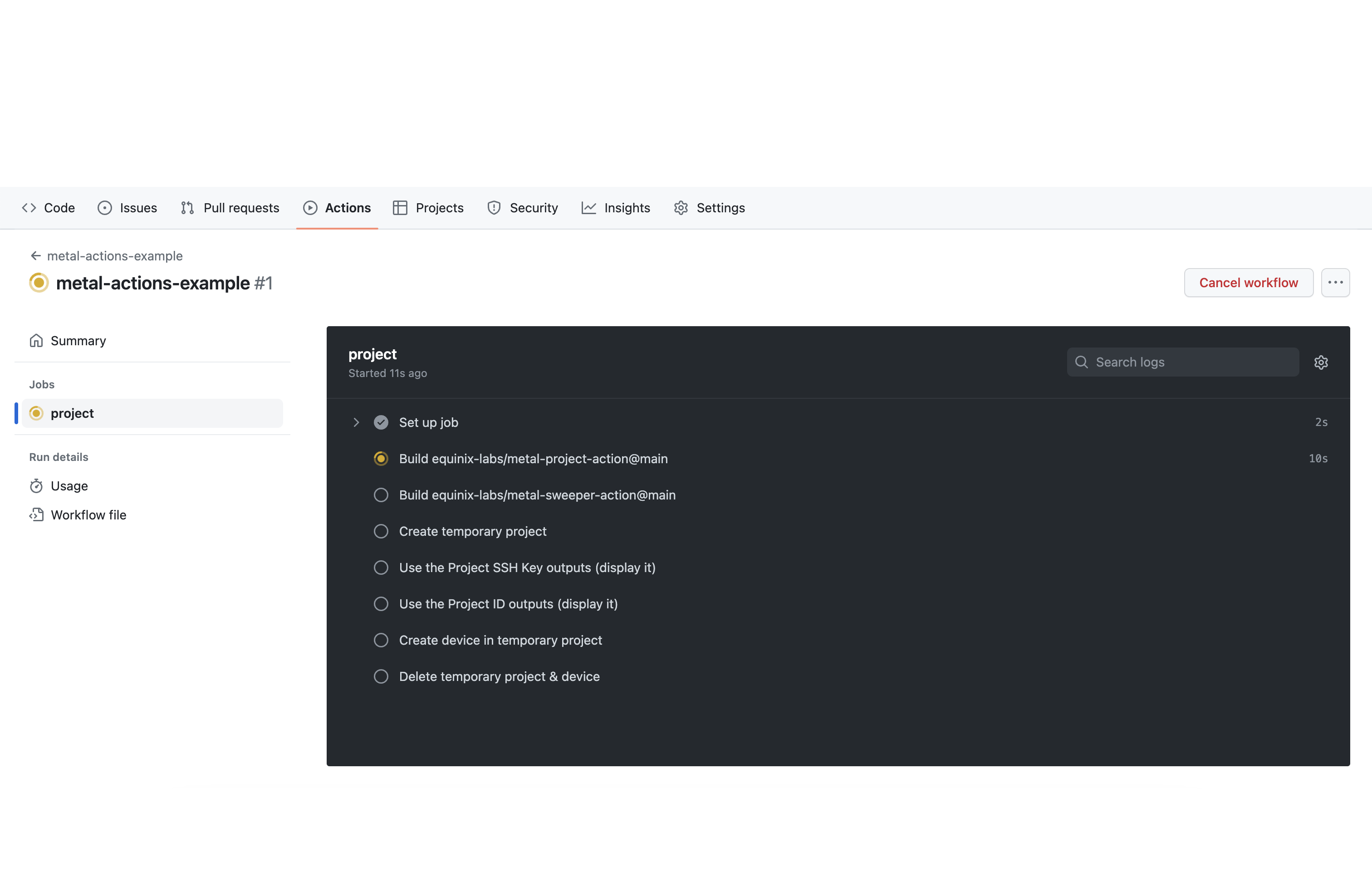 GitHub Actions page showing logs for a single workflow run