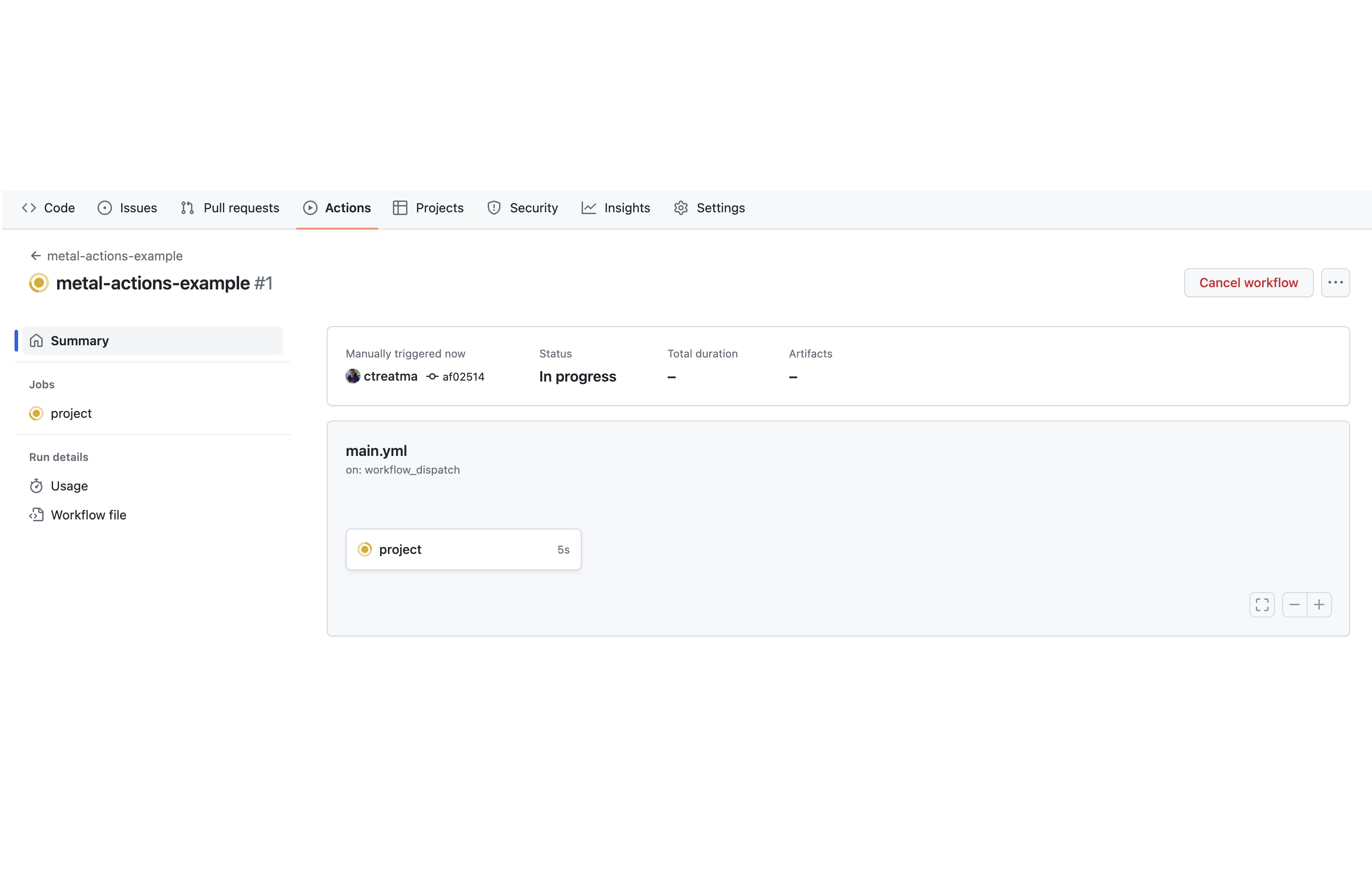 GitHub Actions page showing a running workflow