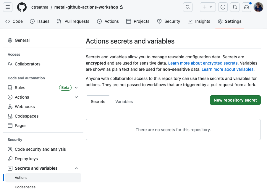 Settings page with GitHub Actions option selected