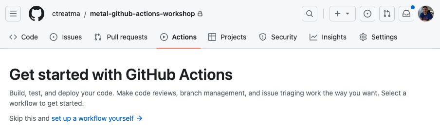 GitHub Actions tab showing "set up a workflow yourself" link