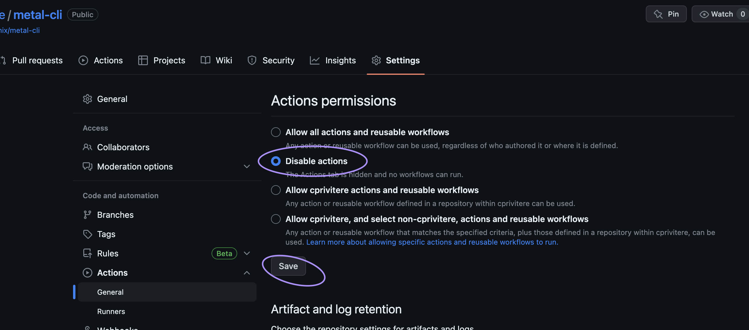 Disable Actions Screenshot