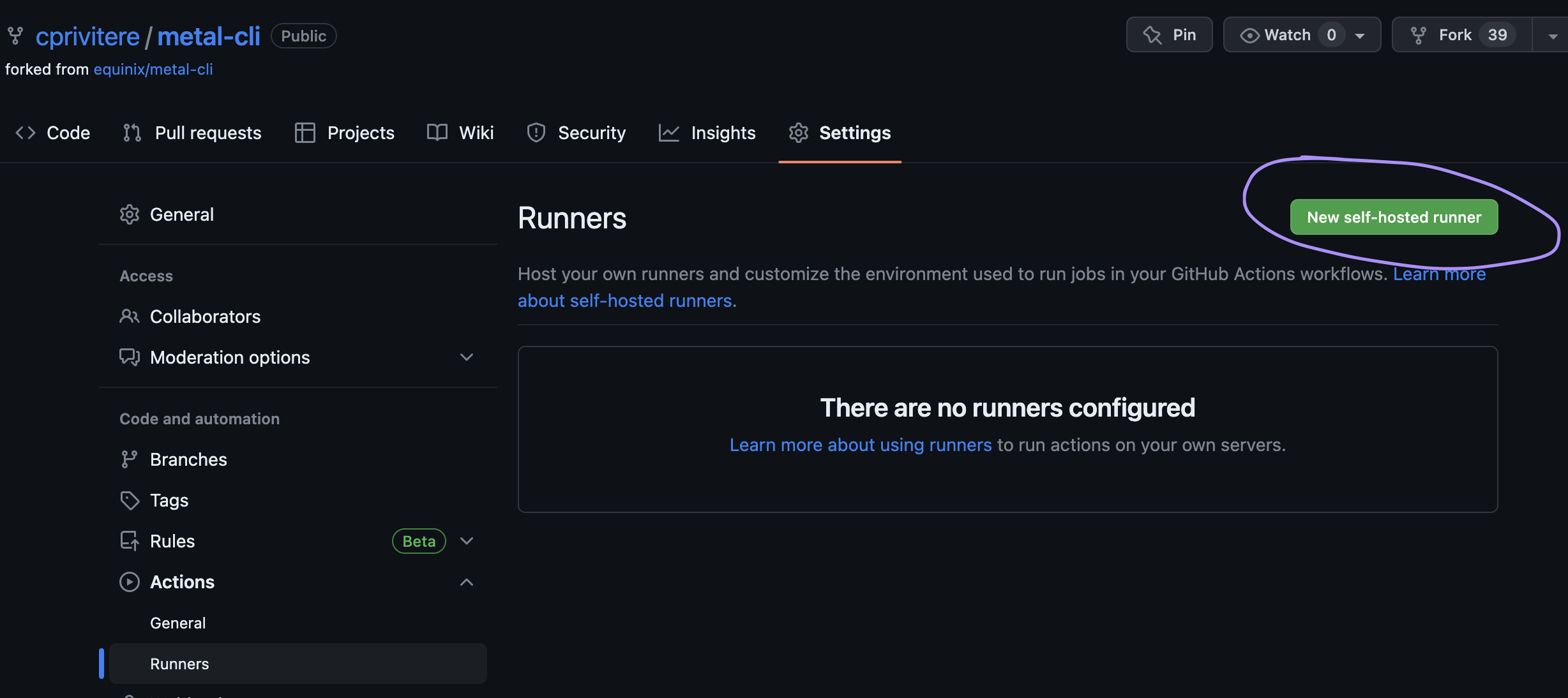 Metal CLI Settings Runners New Screenshot