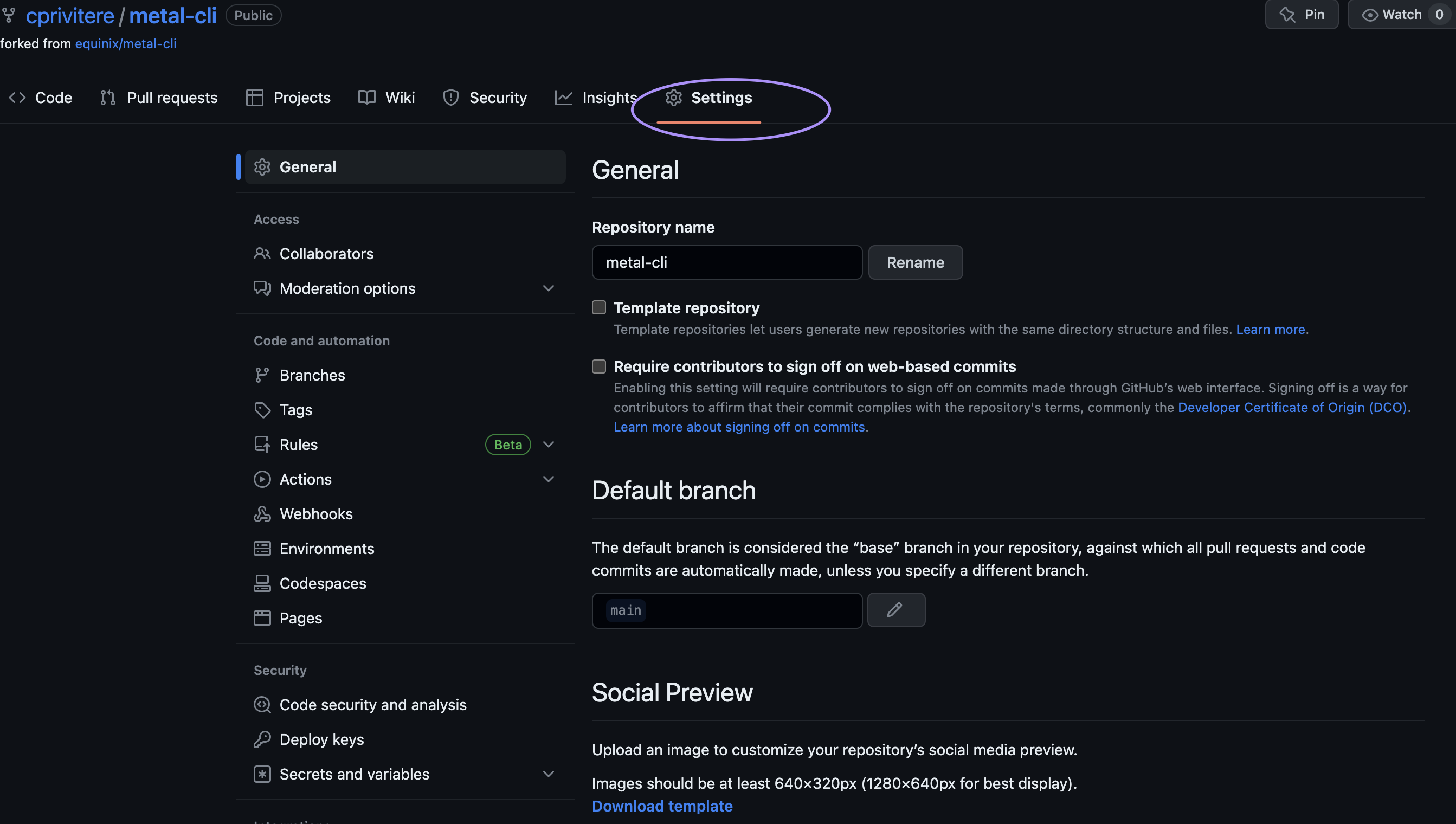 Metal CLI Settings Screenshot