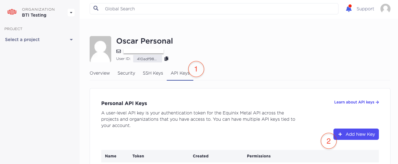 Equinix Console API keys section screenshot