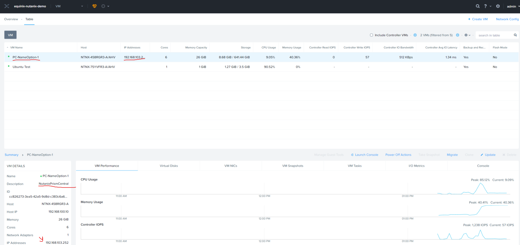 Prism Central VM Tab